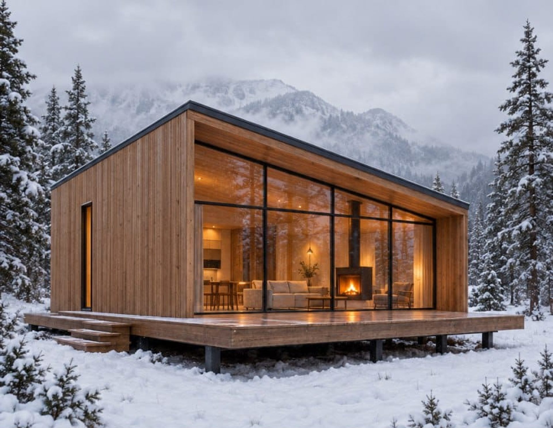 Timber cabin with a full-height glass wall, raised on a platform in a snowy pine forest